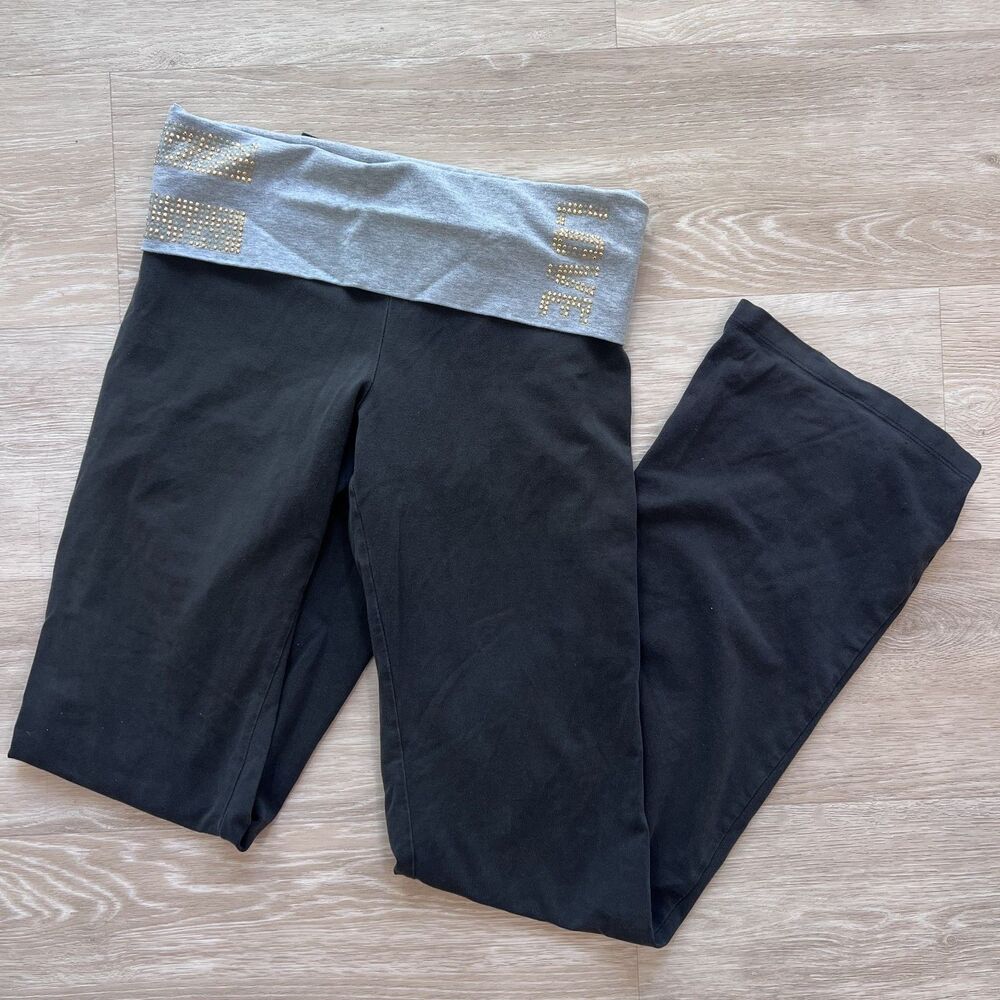 Y2K PINK Victoria's Secret Fold-Over Yoga Leggings Black-Size S